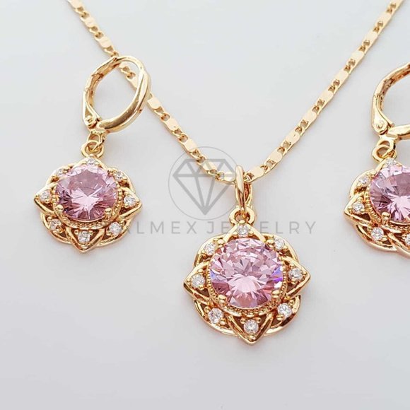 18K Gold Plated Flower Pink CZ Set - Picture 2 of 8